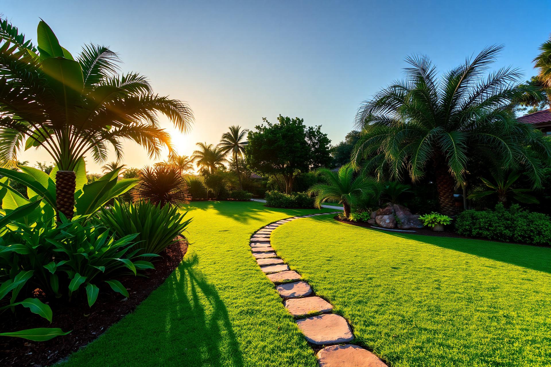 Lush landscaped garden at golden hour