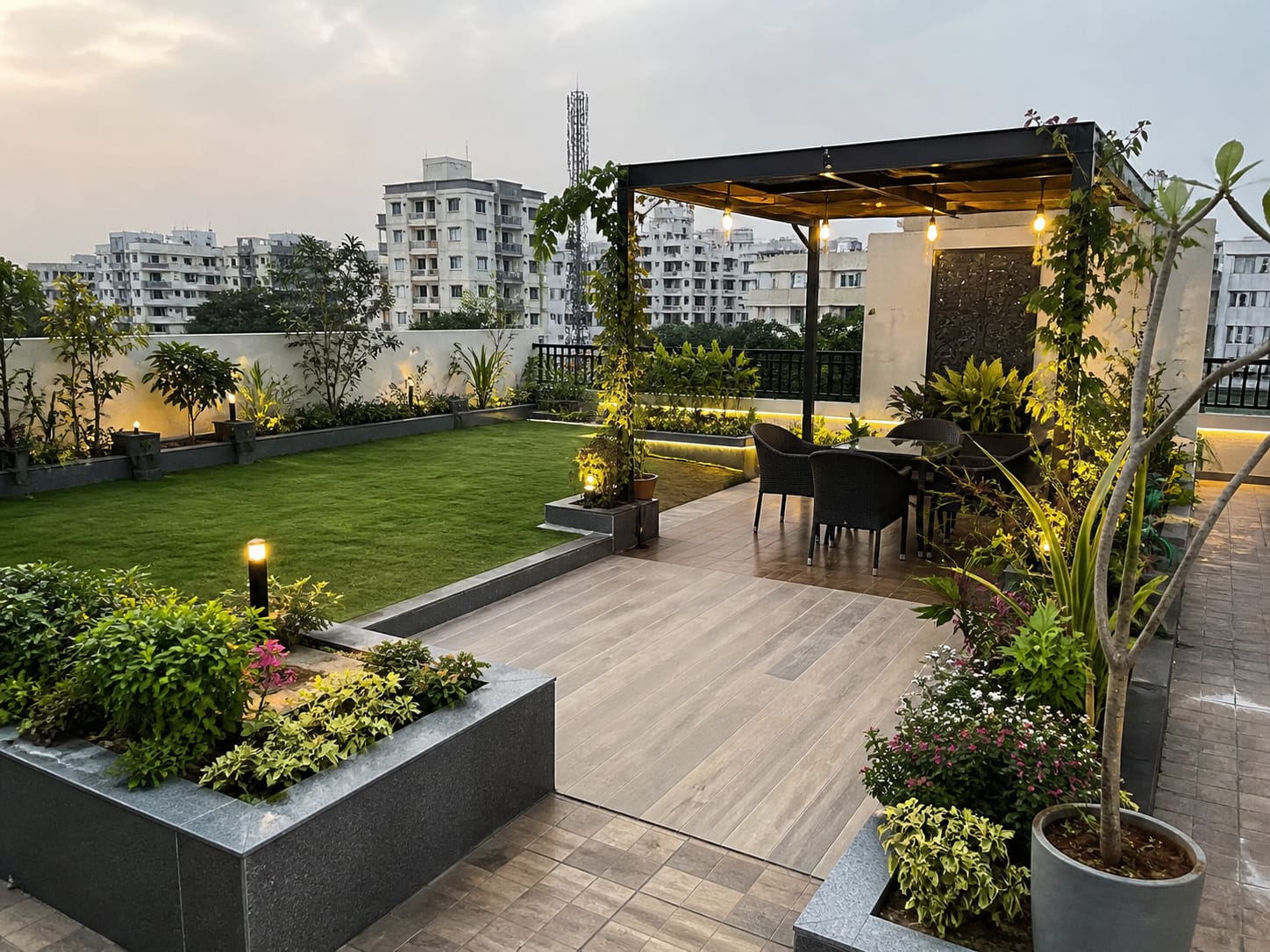 Designed rooftop garden with pergola at dusk